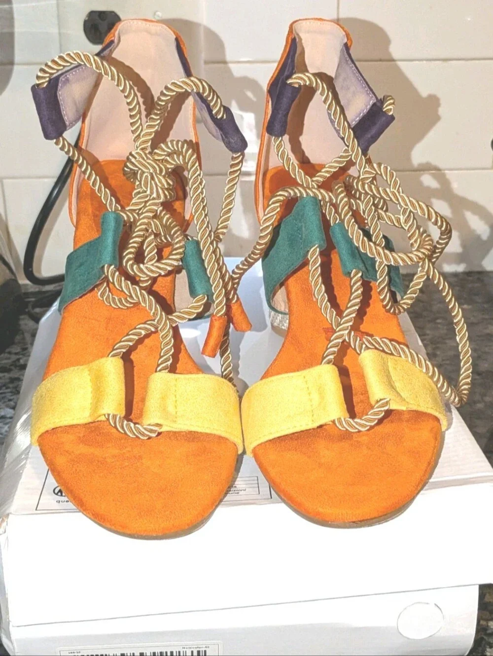 Women's Boho colorful open toe heels sz 8.5